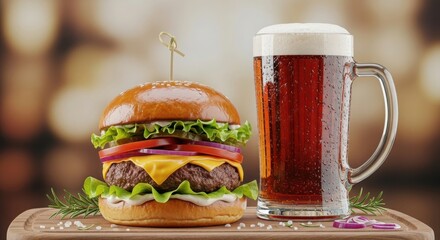 Delicious juicy burger with beef patty, cheese, and vegetables served with a mug of beer