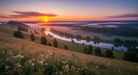 A breathtaking sunrise over a misty river valley with wildflowers in the foreground