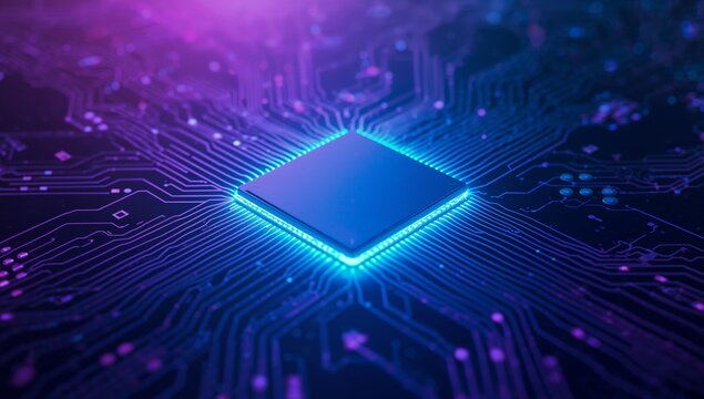Glowing microprocessor chip radiating neon light across circuit board, with traces, solder joints