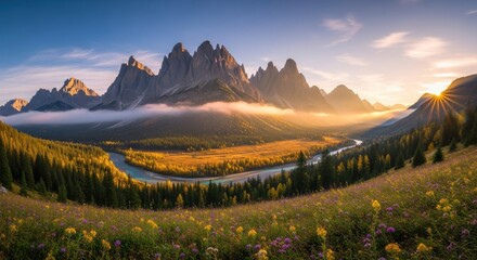 Panoramic view of a mountain range with a river and forest at sunrise with flowers in foreground