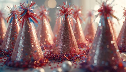 Displaying rose gold glitter party hats in party room, with red blue confetti and silver ornaments