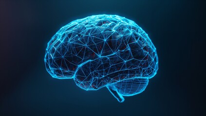 Floating 3D brain wireframe glowing in digital studio, with polygonal mesh and neural pathways