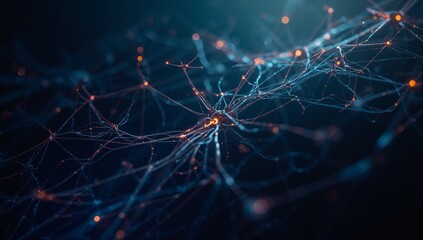 Glowing network extending through virtual space, with central node, orange nodes and blue filaments