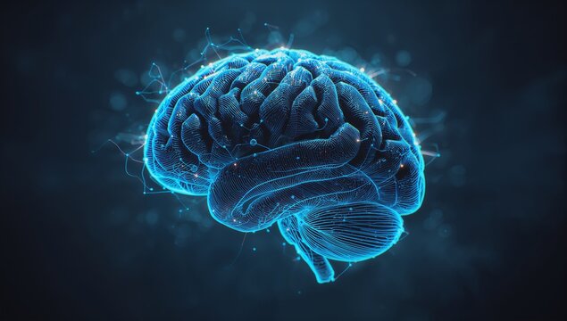 Glowing 3D neural model pulsing neon mesh lines in dark virtual space, with neural network nodes