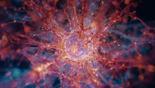 Displaying neuron soma radiating dendrites and axon filaments in neural network with synaptic nodes - Powered by Adobe