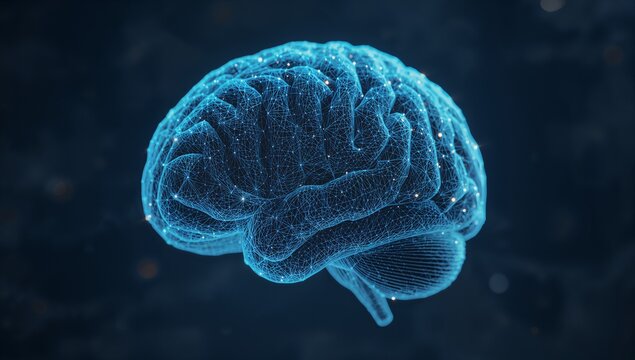 Floating 3D wireframe brain model glowing in virtual dark space, with illuminated neural nodes - Powered by Adobe