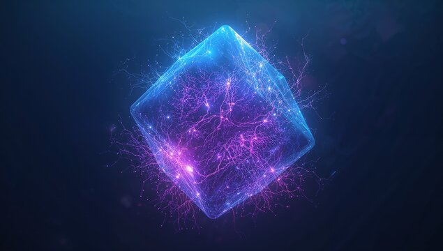 Glowing transparent cube floating in cyberspace with blue edges, purple electric filaments, sparks
