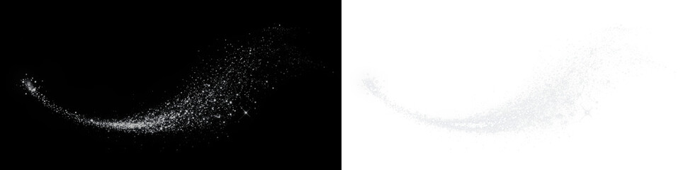 Sparkling glittering dust overlay on contrasting black and white backgrounds, creating a magical effect for design projects and artistic compositions with copy space