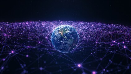 Floating realistic Earth globe hovering in cosmic space, with glowing nodes and purple lines