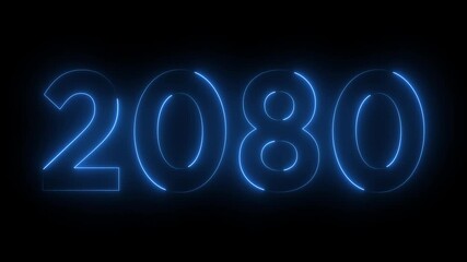 Glowing neon 2080 happy new year 2080 animated text new year on black background. Abstract 2080 neon text animation,