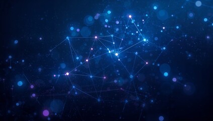Floating network linking glowing nodes with fine lines on dark blue backdrop, with bokeh particles