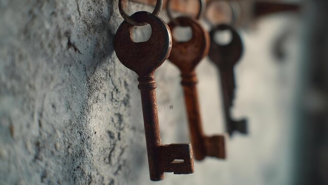 Rusty vintage skeleton keys hanging on a rough, textured wall. Concept Antique skeleton keys, Rustic textured wall, Vintage hardware, Weathered metal details, Industrial decor