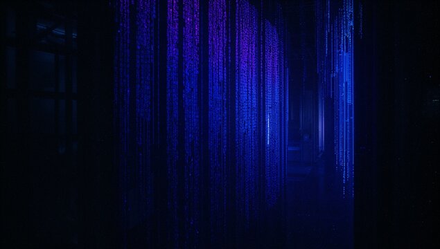 Displaying vertical glowing code strands cascading in dark gallery space, with scaffolding beams