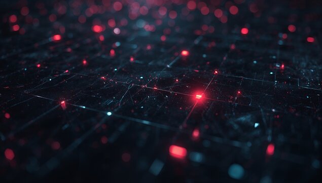 Extending 3D digital grid lines into virtual cyberspace, with glowing red and blue nodes