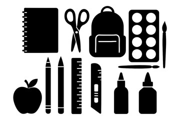 Fototapeta premium A collection of school supplies including a backpack, scissors, a ruler, a pencil, a pen, a bottle of glue, and a bo. Vector. Silhouette illustration.