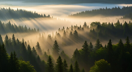 Sunlit Forest Canopy - A Misty Morning Landscape.