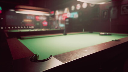 A vibrant bar scene showcases a green billiards table waiting for players. Dim lighting enhances the atmosphere as drinks are served and laughter fills the air. © icetray