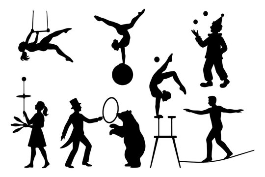 A series of silhouettes of circus performers, including acrobats, clowns, and trapeze artists. Vector. Silhouette illustration.