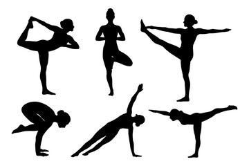 A series of silhouettes of people doing yoga poses. The poses include downward dog, tree pose, and handstand. Vector. Silhouette illustration.
