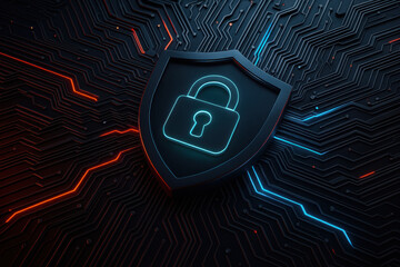 Cybersecurity concept with shield and lock symbol protecting data from hacking risk and malware breach in digital network environment