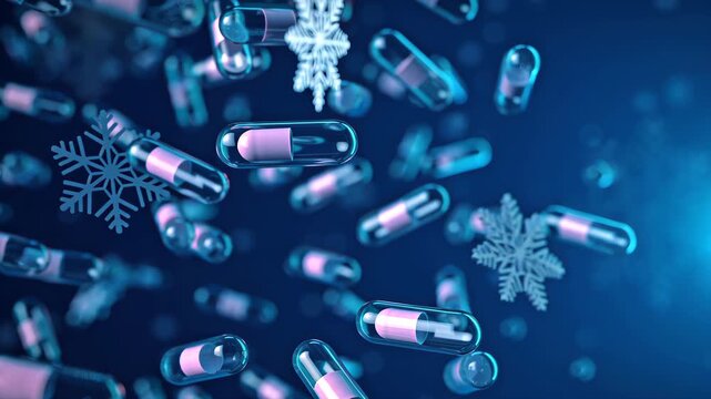 Christmas dynamic, abstract scene features translucent pills and white snowflakes suspended against dark blue backdrop, and intrigue dynamic scene with numerous