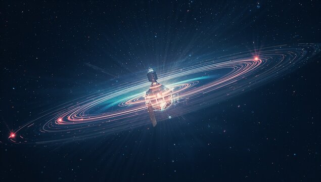 Floating futuristic metallic sphere emitting beams in deep space, with neon rings and red nodes - Powered by Adobe