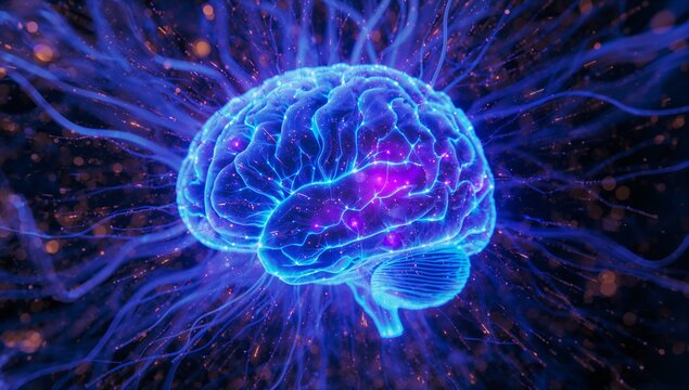 Floating 3D brain glowing neon blue in cosmic space, with synaptic nodes and neural strands - Powered by Adobe