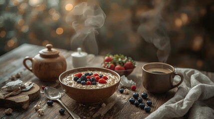 Fototapeta premium Cozy winter breakfast on wooden table.