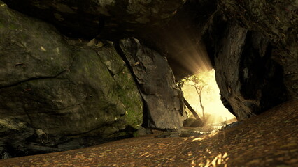 Sunlight streams through a rocky cave entrance, illuminating a tranquil forest clearing. The warm rays highlight the gentle stream flowing over smooth stones, inviting exploration.