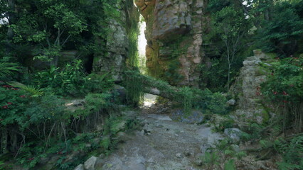 A serene pathway winds between towering rocky cliffs, illuminated by bright sunlight. Lush greenery and vibrant plants thrive on both sides, creating a peaceful, enchanting atmosphere.