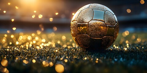 Golden soccer ball on grass field with bokeh lights sports championship concept