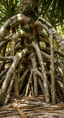 Intricate Prop Roots of a Pandanus Tree on Sandy Ground.