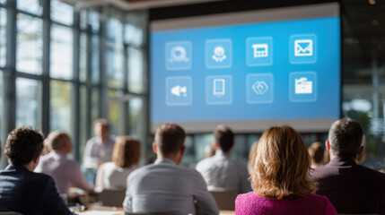 Onboarding classroom training seminar audience corporate workshop presentation icons blue screen modern office daylight