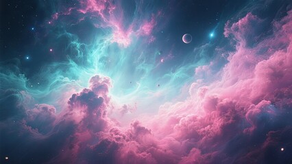 Swirling clouds of pink and teal dominate the scene as stars twinkle among the cosmic dust. Distant planets add depth to this vibrant galaxy view, inviting exploration and wonder
