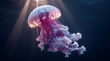 A mesmerizing jellyfish floats gracefully in the deep ocean, illuminated by beams of sunlight piercing the dark abyss, creating a magical underwater scene.