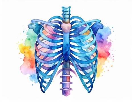 Watercolor ribcage with colorful hues surrounding, artistic medical anatomical artwork