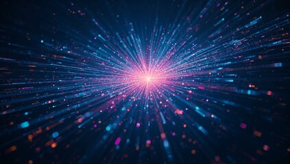 Emanating central light source sending colored streaks through dark space, with glowing particles