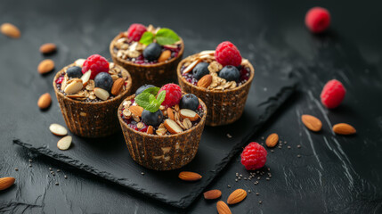 Four Berry Almond Chia Seed Cups With Fresh Berries And Nuts On Black Slate