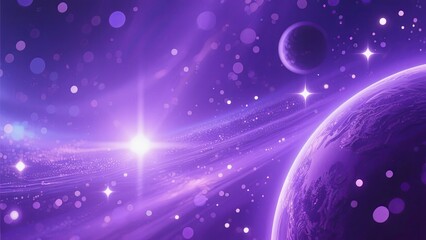 A vibrant cosmic scene shows several planets surrounded by glowing stars and swirling purple nebulae. The deep space setting creates a magical and dreamy atmosphere