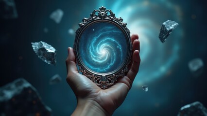 Hand holding ornate silver mirror showing glowing galaxy with orange core surrounded by blue cosmic particles sparkling dust mystical space atmosphere