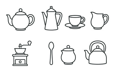Stylized outline of teapot, coffee grinder, and kitchen utensils