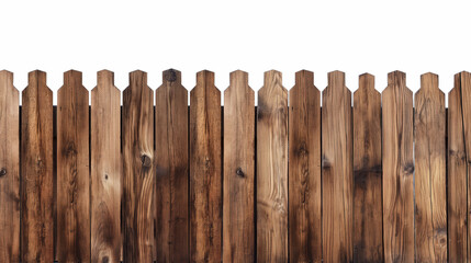 Cerca de madeira r&uacute;stica, escura e desgastada isolada sobre fundo branco.
