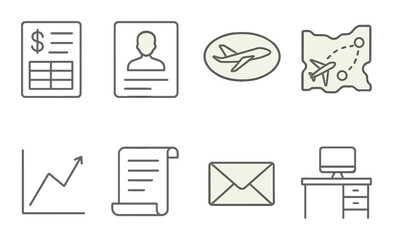 Finance, travel, communication, and office icons on metallic background