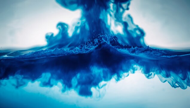Diffusing blue dye plumes creating swirling patterns in glass container, with clear water medium - Powered by Adobe
