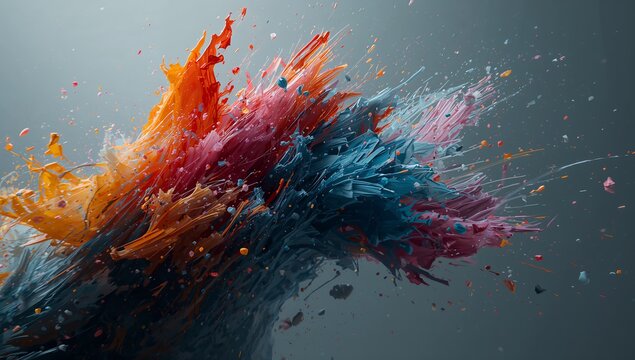 Bursting abstract explosion swirling in neutral gray gradient space, with multicolored paint shards