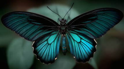 Blue Green Butterfly with Metallic Wings Macro photo
