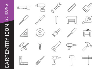 Carpentry Line Icons – 25 Minimal Vector Symbols for Woodwork, Tools, and Construction Workshop Design