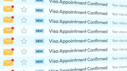 Visa appointment confirmation emails scrolling close up 4k animation