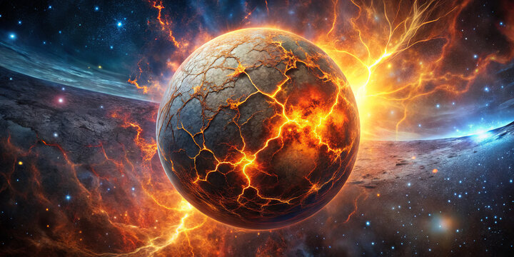 An explosive scene shows a planet with a fiery, cracked surface surrounded by cosmic elements. Bright flames erupt from the planet, contrasting with the dark space backdrop