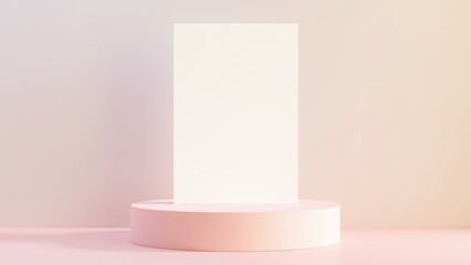 Blank white poster standing on pastel podium, rectangular mockup display with beige and pink cylinder base, minimalist studio scene,concept of product presentation